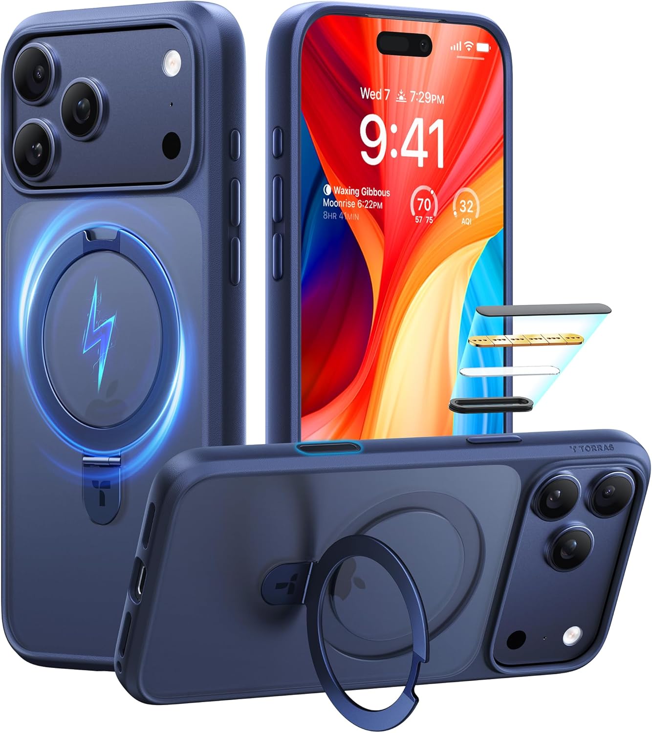 TORRAS Ostand Magnetic for iPhone 17 Pro Max Case, Fit for MagSafe, Military Grade Drop Tested, Camera Control,Built-in Stand, Translucent Slim Soft Edge Case for iPhone 17 Pro Max 6.9", Deep Blue Blue iPhone 17 Pro Max