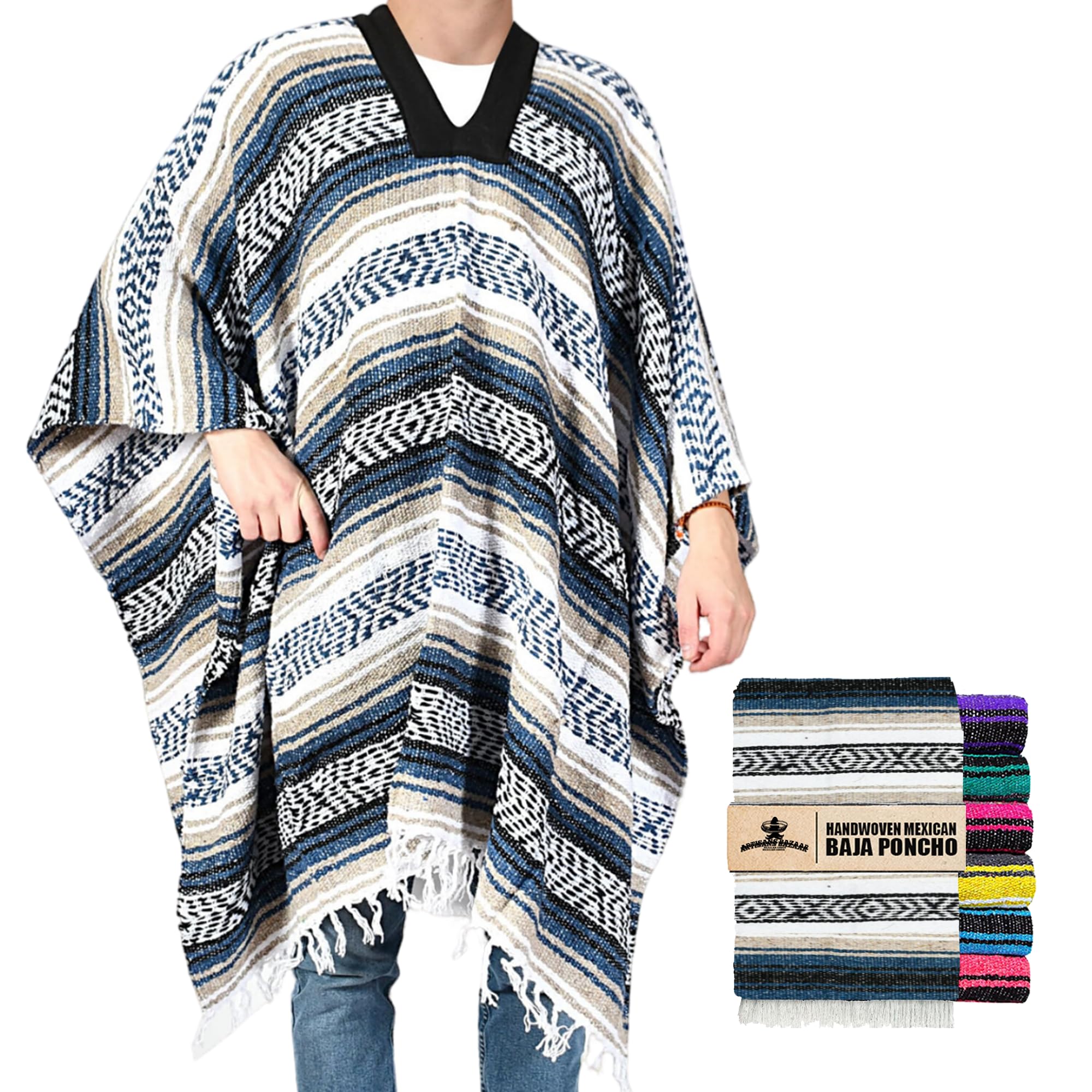 Artisans Bazaar Unisex Beige Traditional Mexican Baja Poncho Men And Women Authentic Gaban Serape Sarape Blanket Pancho Jorongo Cowboy, One Size