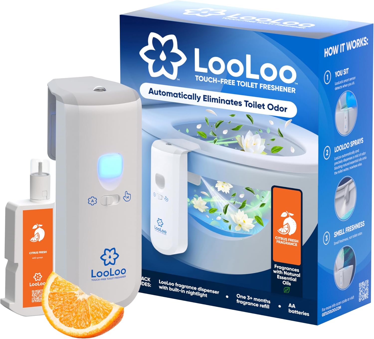LooLoo 3.0 Touch Free Toilet Freshener Automatic Air Freshener Spray for Bathroom Starter Kit with Light and Deodorizer, Bathroom Spray - Citrus Fresh