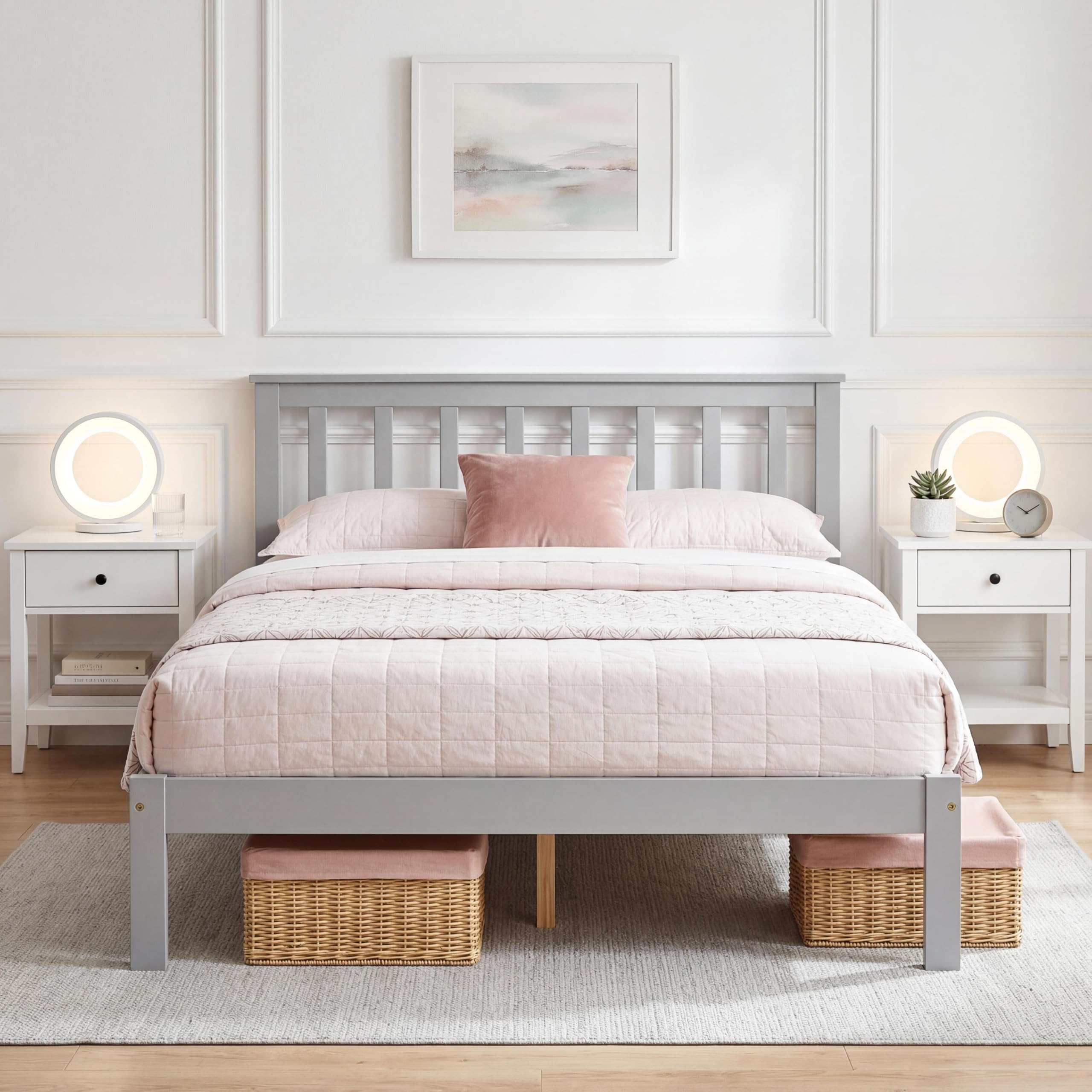 Panana Solid Pine Wood Double Bed Frame 4FT6 Wooden Bed for Adults, Kids, Teenager, Grey, 135 * 190cm — image 1