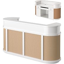 Modern Wooden Commercial Reception Desk Fully Assembled, Lockable Drawers, Door Cabinet, Curved Front Desk for Checkout, Lobby, Beauty Salon White+RattanWoven, 78.7" D x 23.6" W x 39.3" H