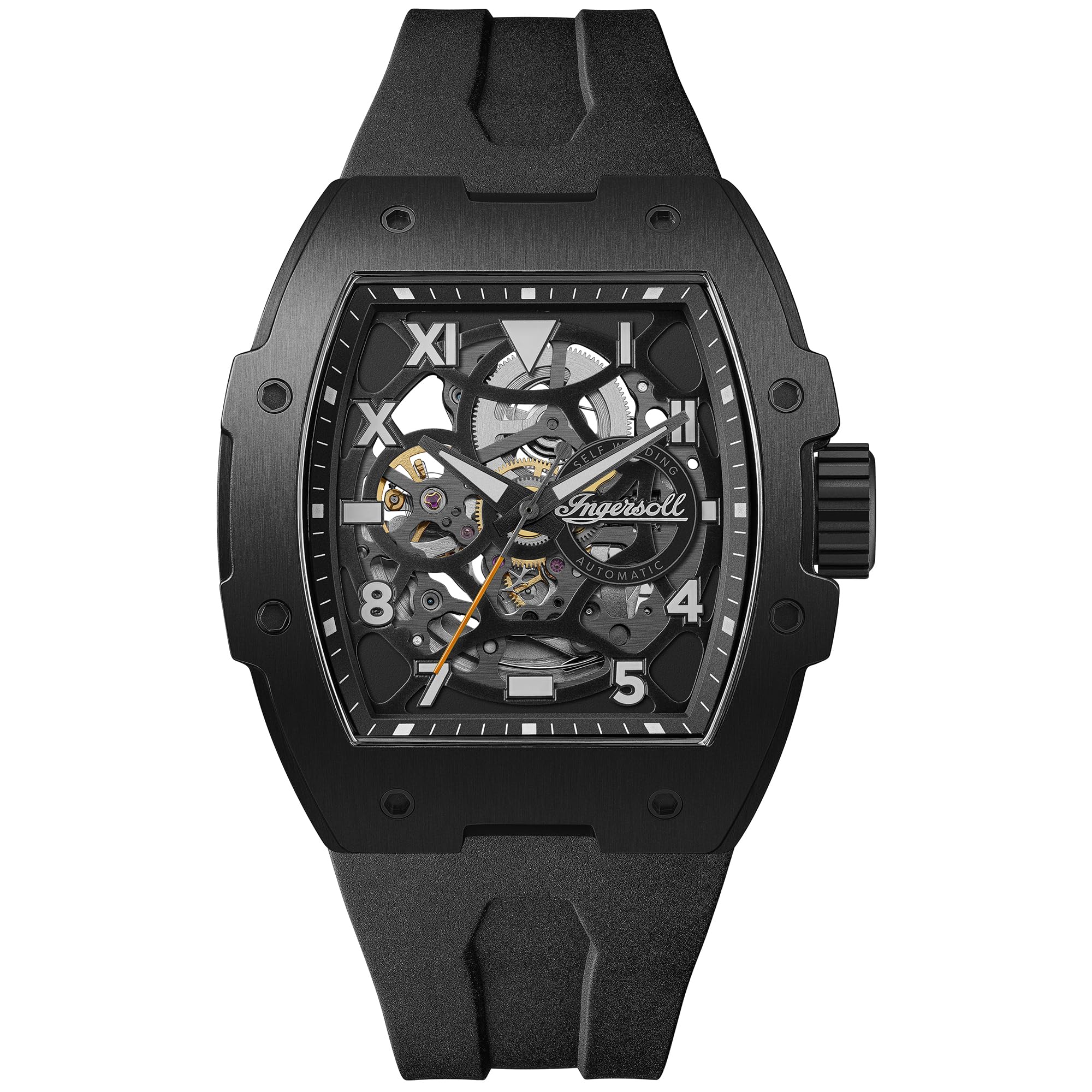 Ingersoll Die Play 50 mm Automatische Uhr für Herren - Stahl Skelettzifferblatt & Schwarzes Kunststoffarmband - I15302