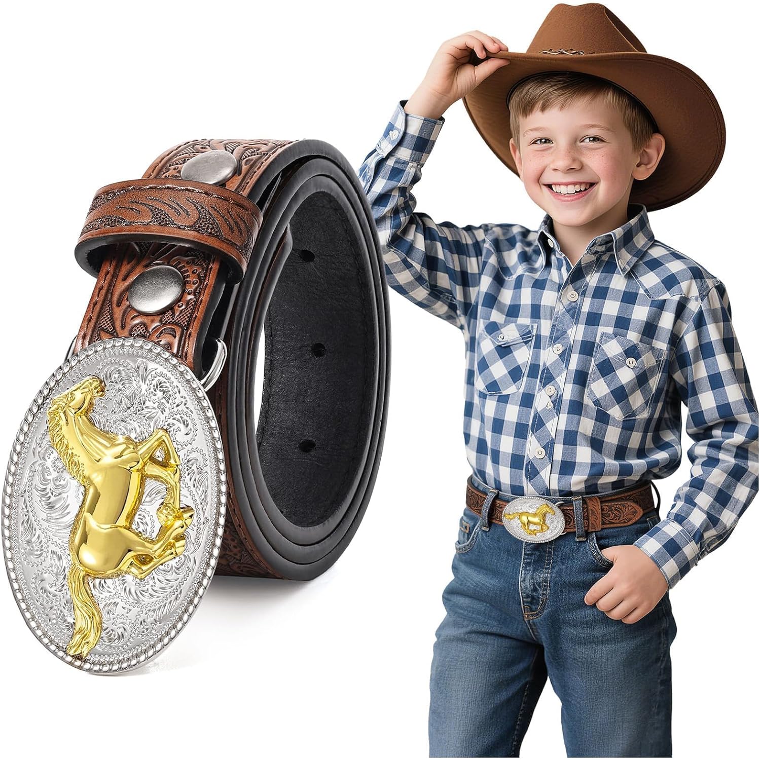 Kids Western Belt for Boys Girls Embossed Cowboy Cowgirl Genuine Leather Kid Western Buckle Belts for Jeans Gifts