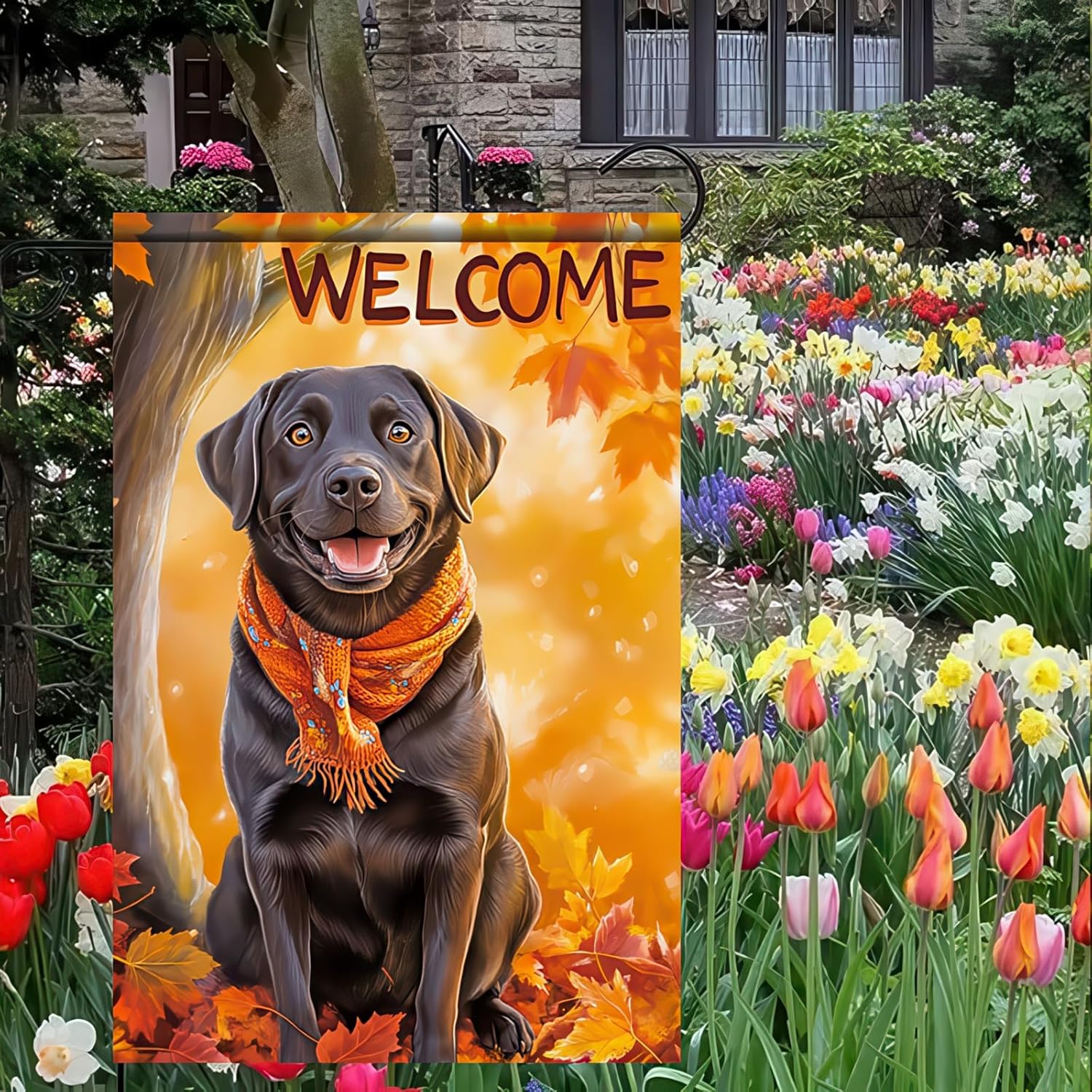 Thanksgiving Fall Garden Flag 12x18 Inch Welcome Black Labrador Retriever Dog Outdoor Flag Double Sided Autumn Yard Banner with Orange Scarf and Leaves Decor for Porch Lawn Patio - Image 7