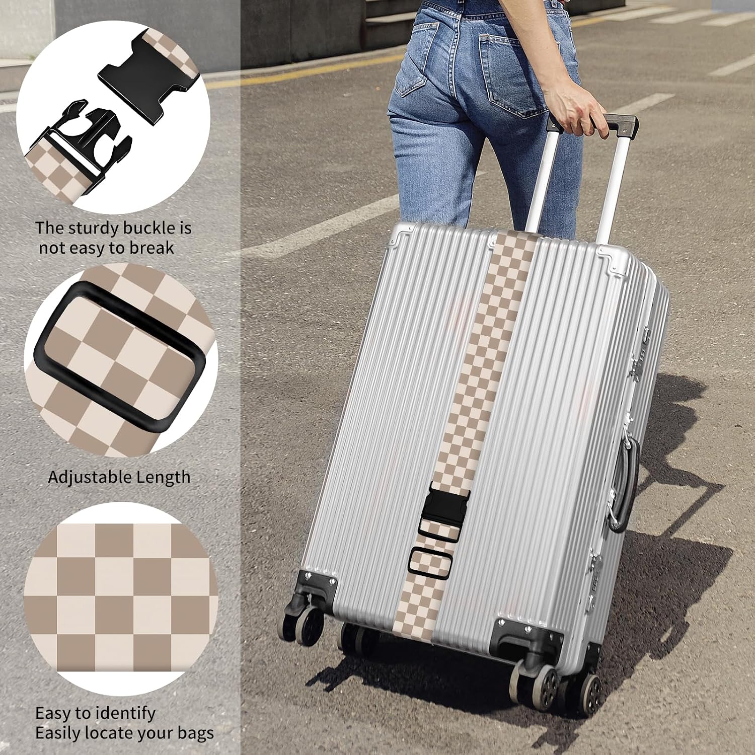 Luggage Straps for Suitcases, Heavy Duty Travel Belt with Quick-Release Buckle, Adjustable Suitcase Strap, Cute Luggage Accessories for Travel Beige Checkerboard