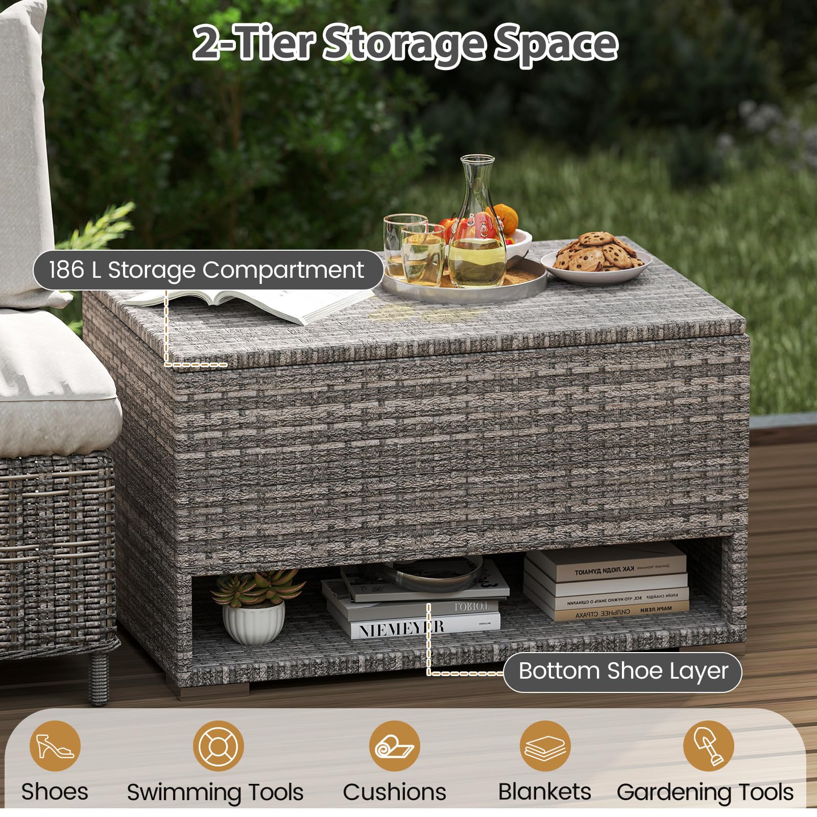 LIFEZEAL Contenitore in polyrattan 186 l 95 x 60 x 58 cm grigio resistente alle intemperie