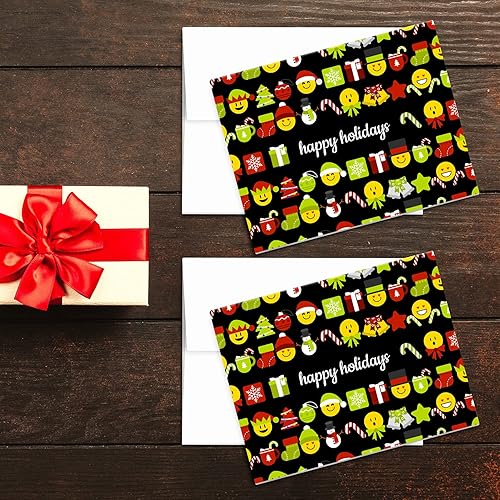Miniatura 4 de Tarjetas de felicitación de Happy Holidays rojo y verde, divertido patrón de emoji lindo, plegable en blanco para Navidad y Año Nuevo, 4.25 x 5.5