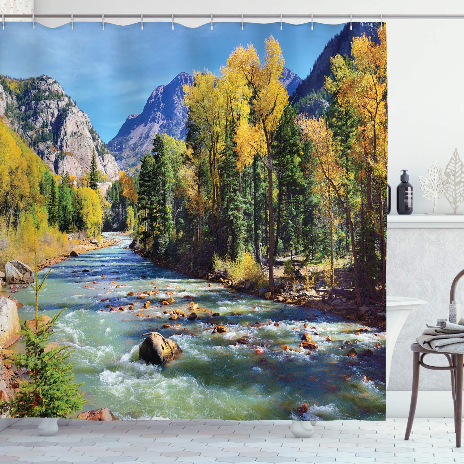 Ambesonne Landscape Shower Curtain, Mountains of Colorado with Forest and River Summer Foliage Idyllic Photo, Cloth Fabric Bathroom Decor Set with Hooks, 69" W x 70" L, Mustard Green Blue