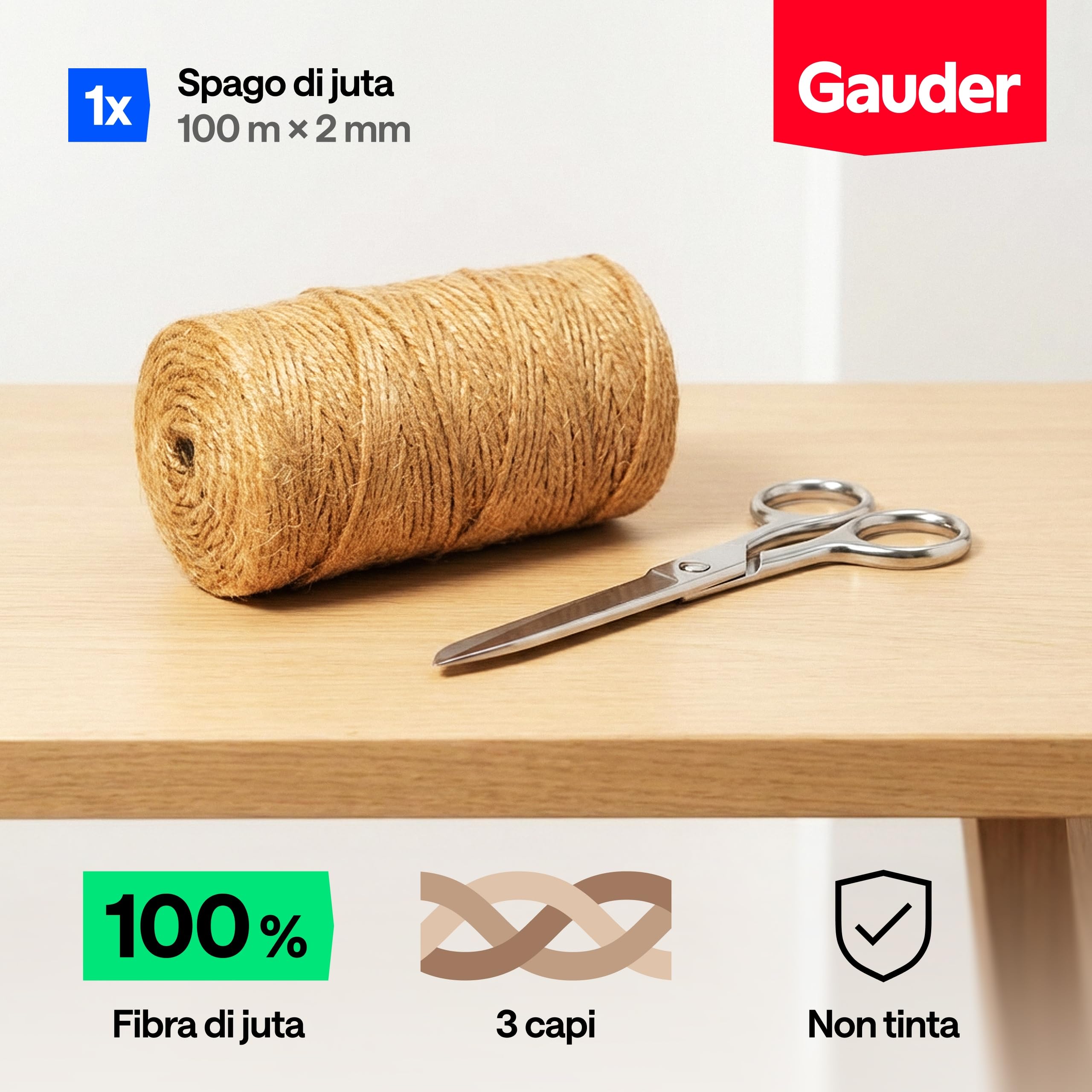 GAUDER Spago di Juta naturale 100 m x 2 mm – Filo da giardino e reggiplante