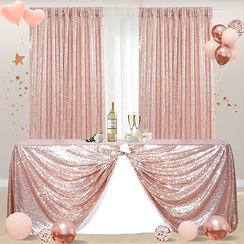 Poise3EHome Mantel de lentejuelas color oro rosa de 50 x 72 pulgadas y 2 piezas de 2 x 8 pies, cortina de lentejuelas color oro rosa