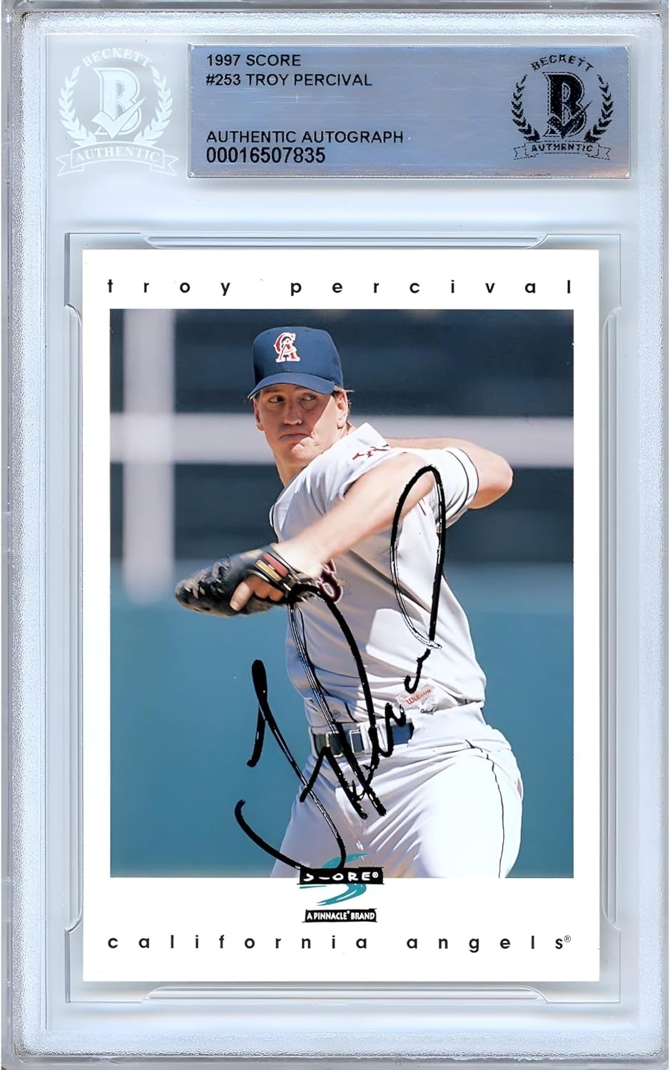 Troy Percival Signed 1997 Score #253 Baseball Trading Card Slab Beckett BAS Authentic Slabbed COA Played For LA Angels Autograph Memorabilia