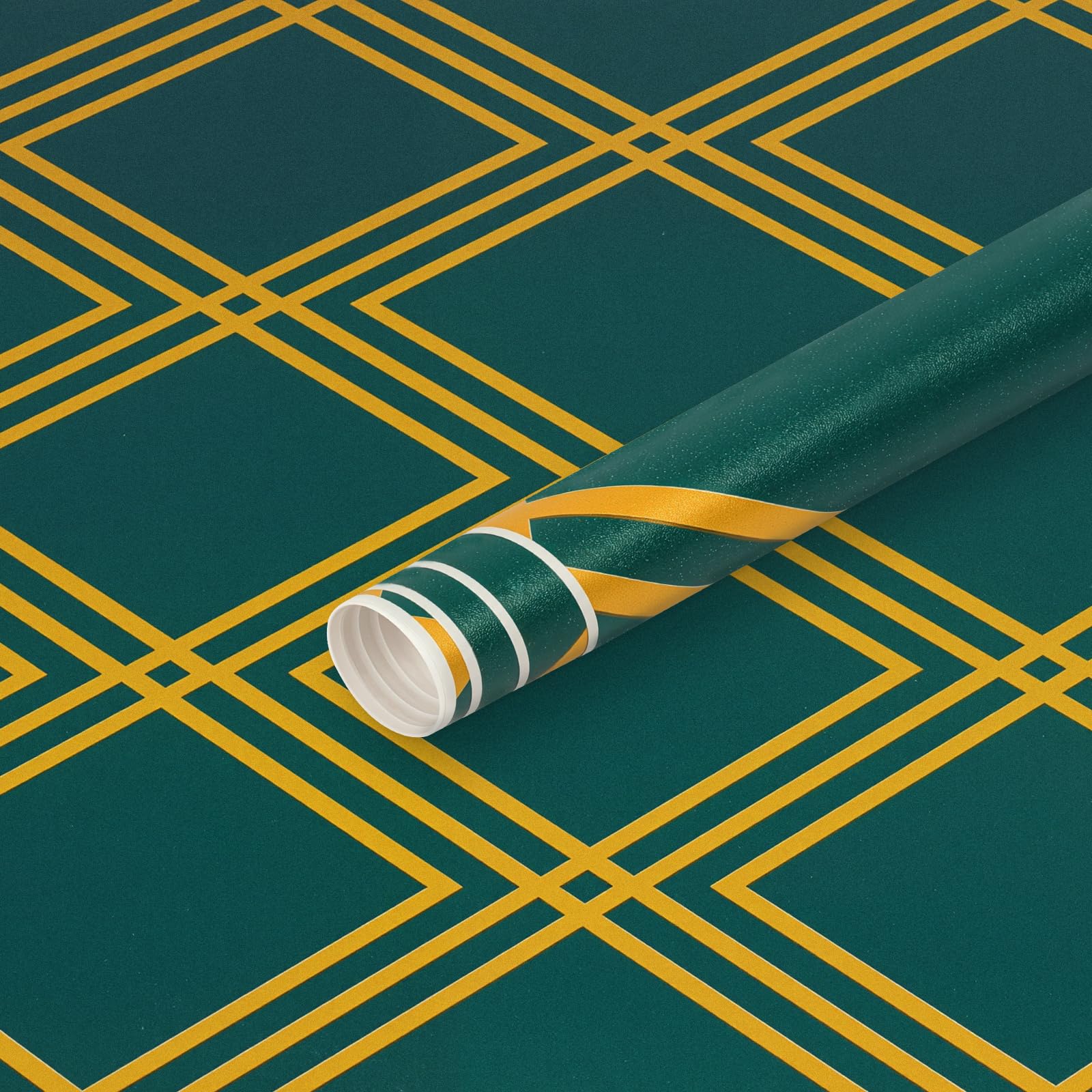 Papier peint vert foncé doré géométrique diamant pour relooker un mur de chambre