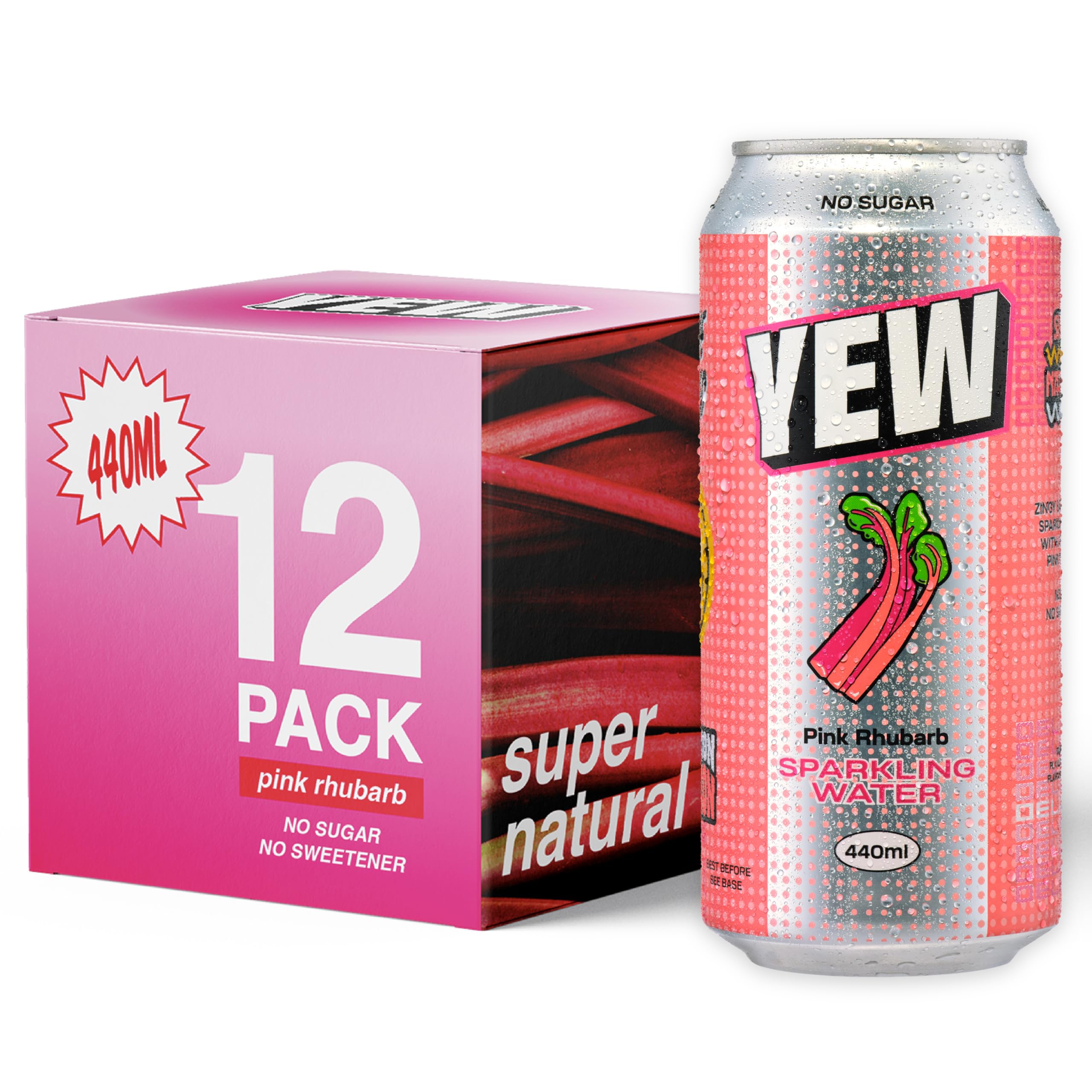 YEW Pink Rhubarb Sparkling Water - 12 x 440ml Cans - ZERO Sugar, ZERO Sweetener, Naturally Flavoured Sparkling Water, Calorie Free, Gluten Free, Keto Friendly and Vegan Healthy Fizzy Drink