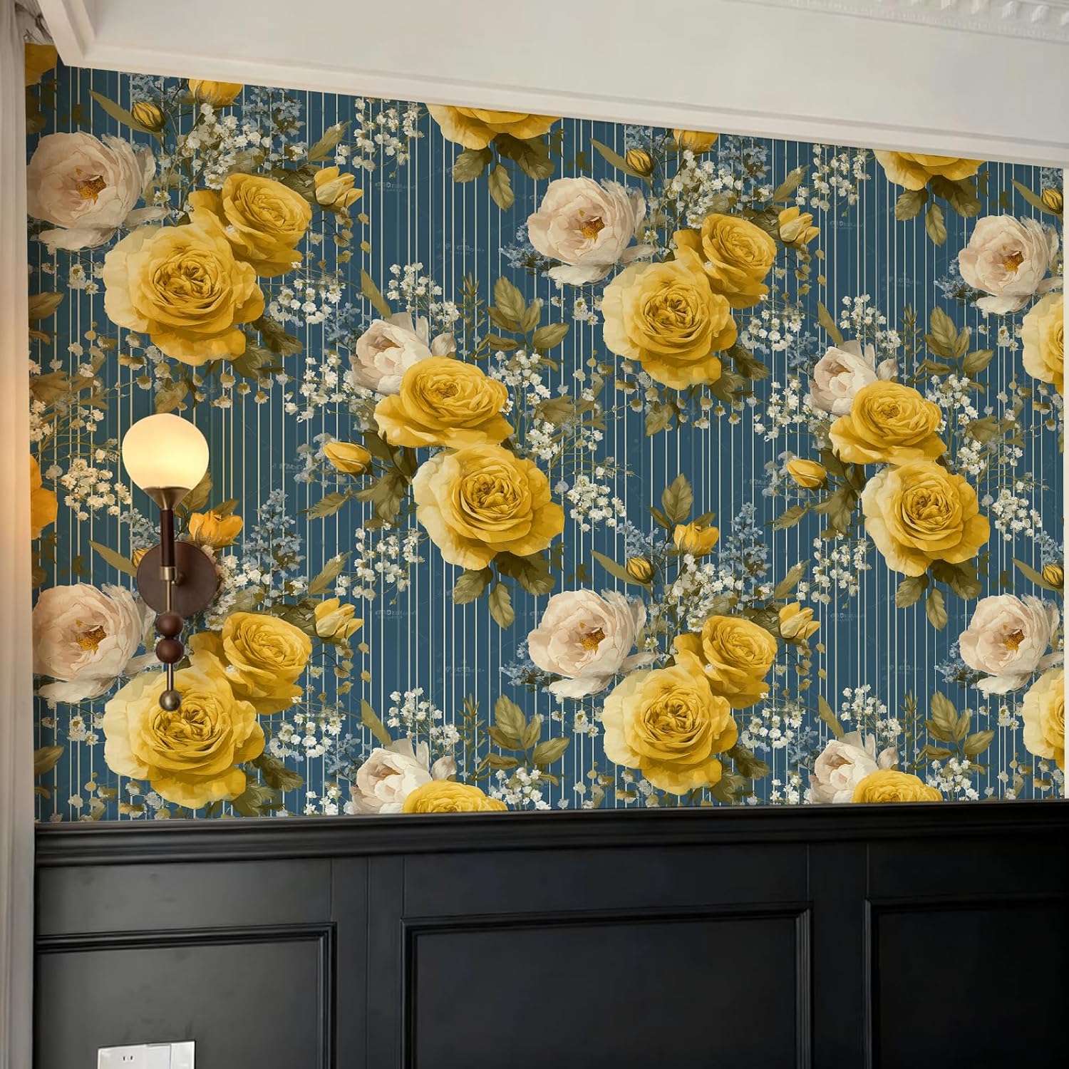 Stickorama Vintage Watercolor Floral Peel and Stick Wallpaper Self Adhesive 17.72" x 236.2'' Yellow Rose Blue Striped Wall Paper Renter Friendly Removable Waterproof for Living Room Bedroom