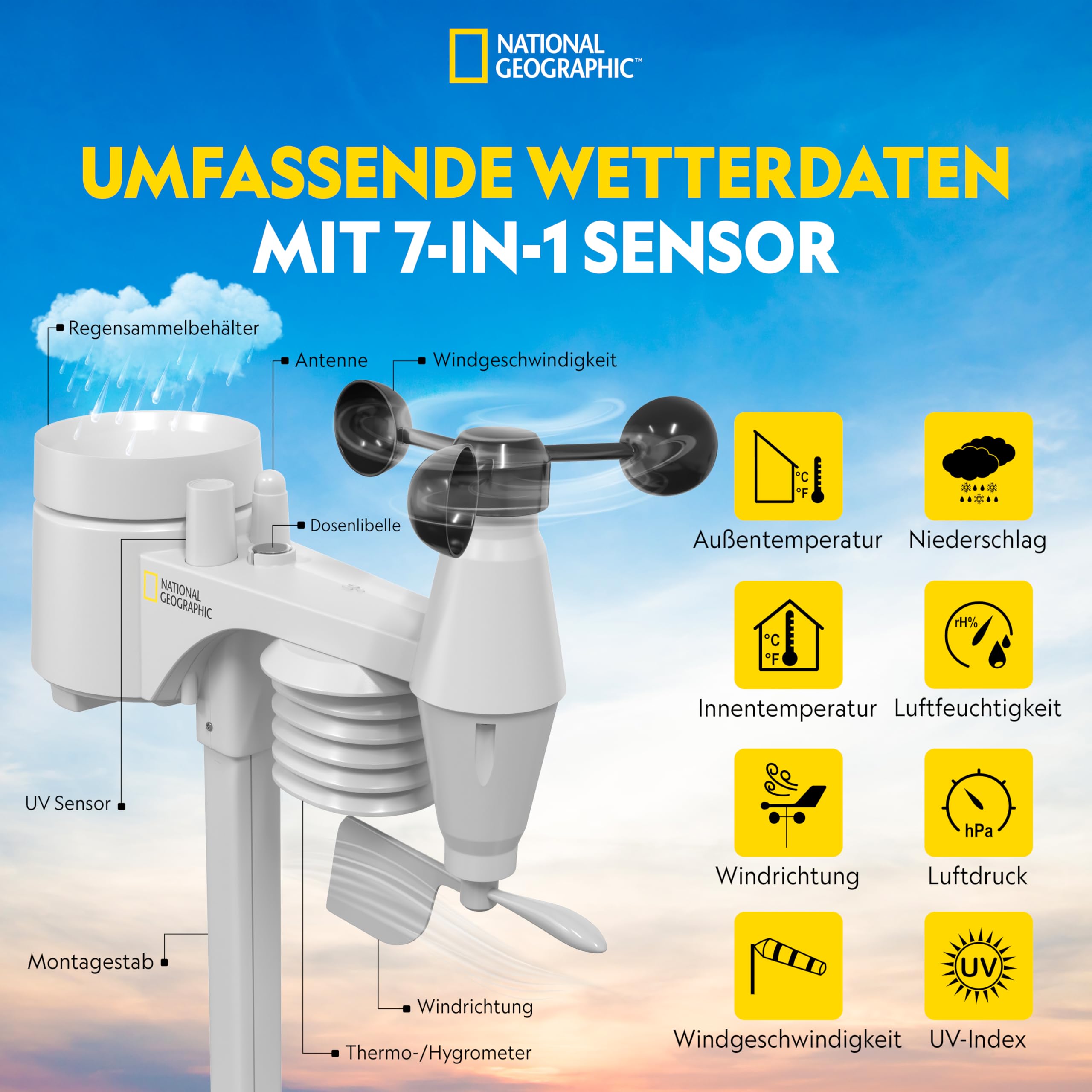 National Geographic Wetterstation Funk mit Aussensensor WLAN Farbwettercenter mit 7-in-1 Profi-Sensor für Wind, Luftfeuchtigkeit, Temperatur, Niederschlag, UV-Level und Lichtintensität, LED, Schwarz | Innentemperatur und Außentemperatur, Luftfeuchtigkeit,
