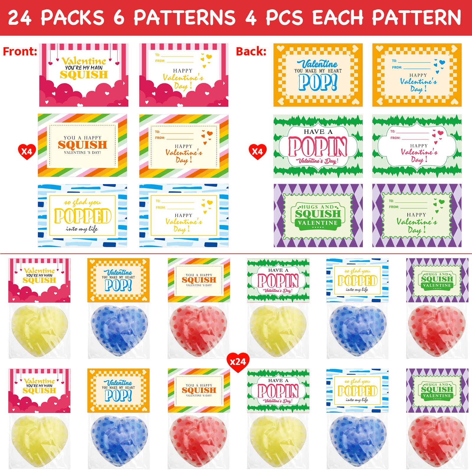 24 Pack Valentines Day Gifts for Kids Classroom Valentines Day Cards with Heart Stress Balls for Kids School, Valentines for Kids Class Valentines Party Favors Classroom Exchange Gift