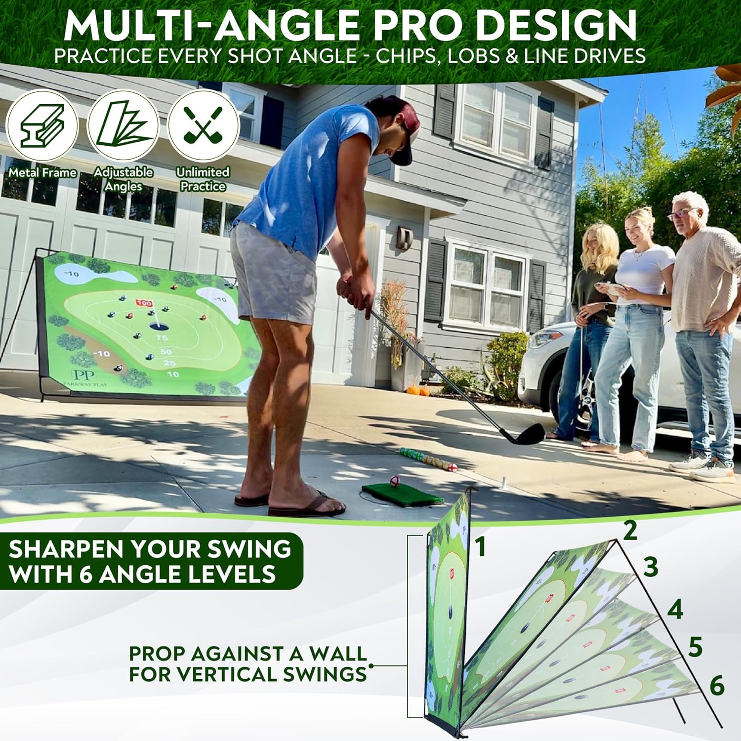 Sticky Golf Chipping Game Set - 6x6 ft Metal Frame with 2 Adjustable Clubs, 25 Sticky Balls, Turf Chipping Mat & Scoreboard - Backyard Golf Target Game for All Ages for Indoor/Outdoor Practice