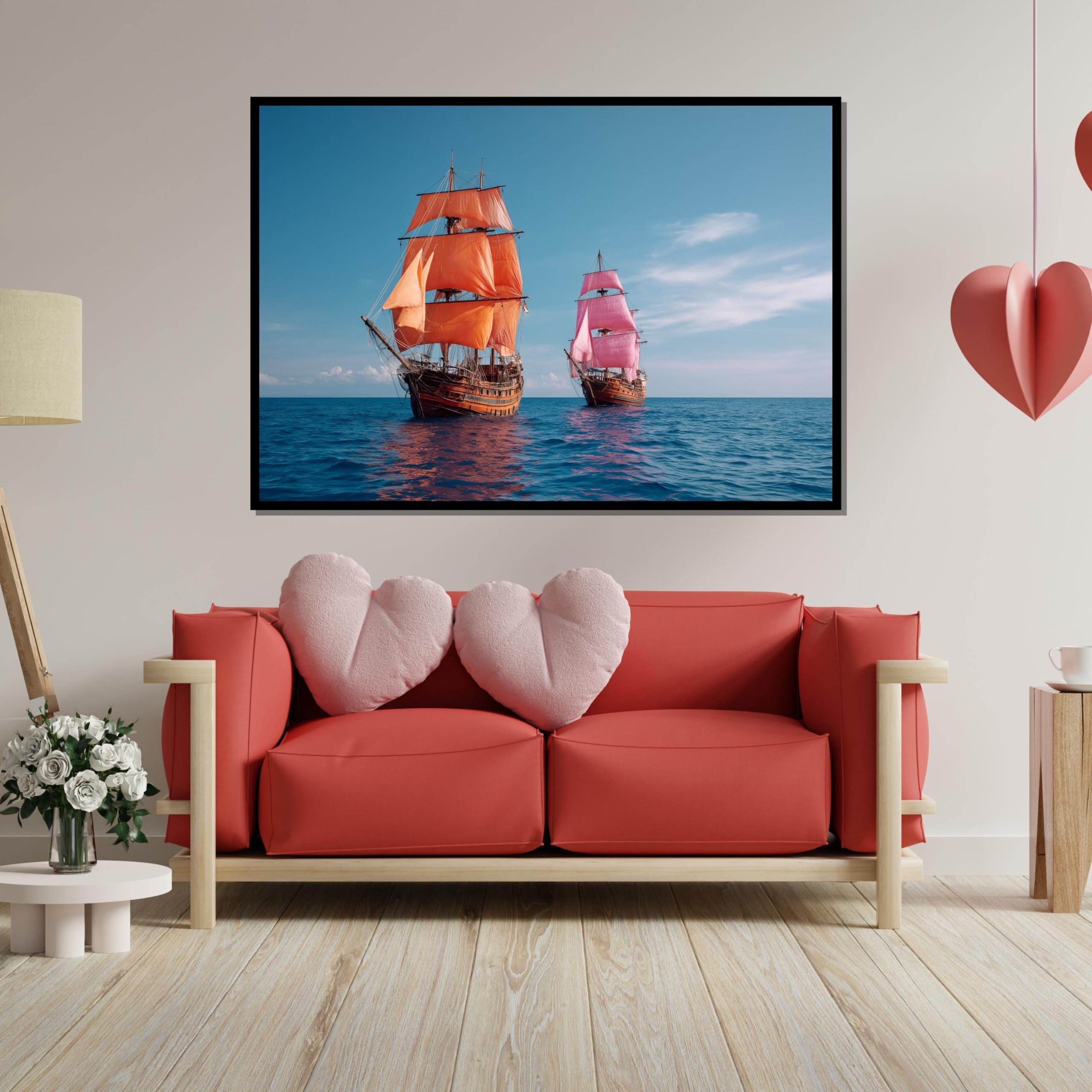 Obrazy na płótnie z kolorowymi statkami, plakaty z różowymi i pomarańczowymi żaglami, obrazy morskie, obrazy do salonu, dekoracja wnętrz (70 x 100 cm)