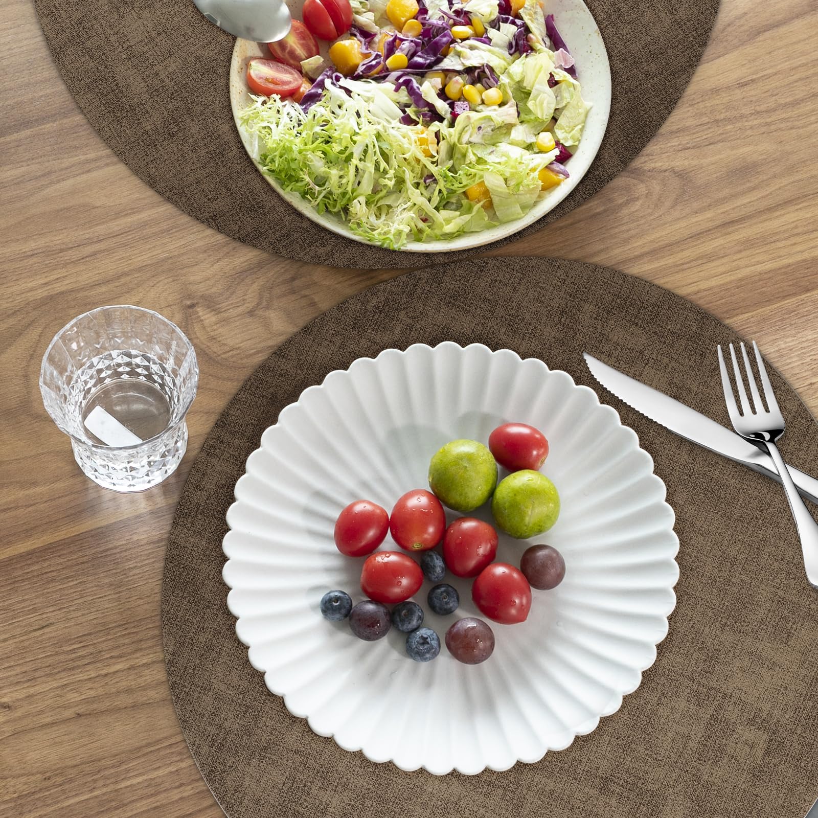 Set di 6 tovagliette rotonde in ecopelle, lavabili, resistenti al calore, antiscivolo, per interni ed esterni, colore: marrone
