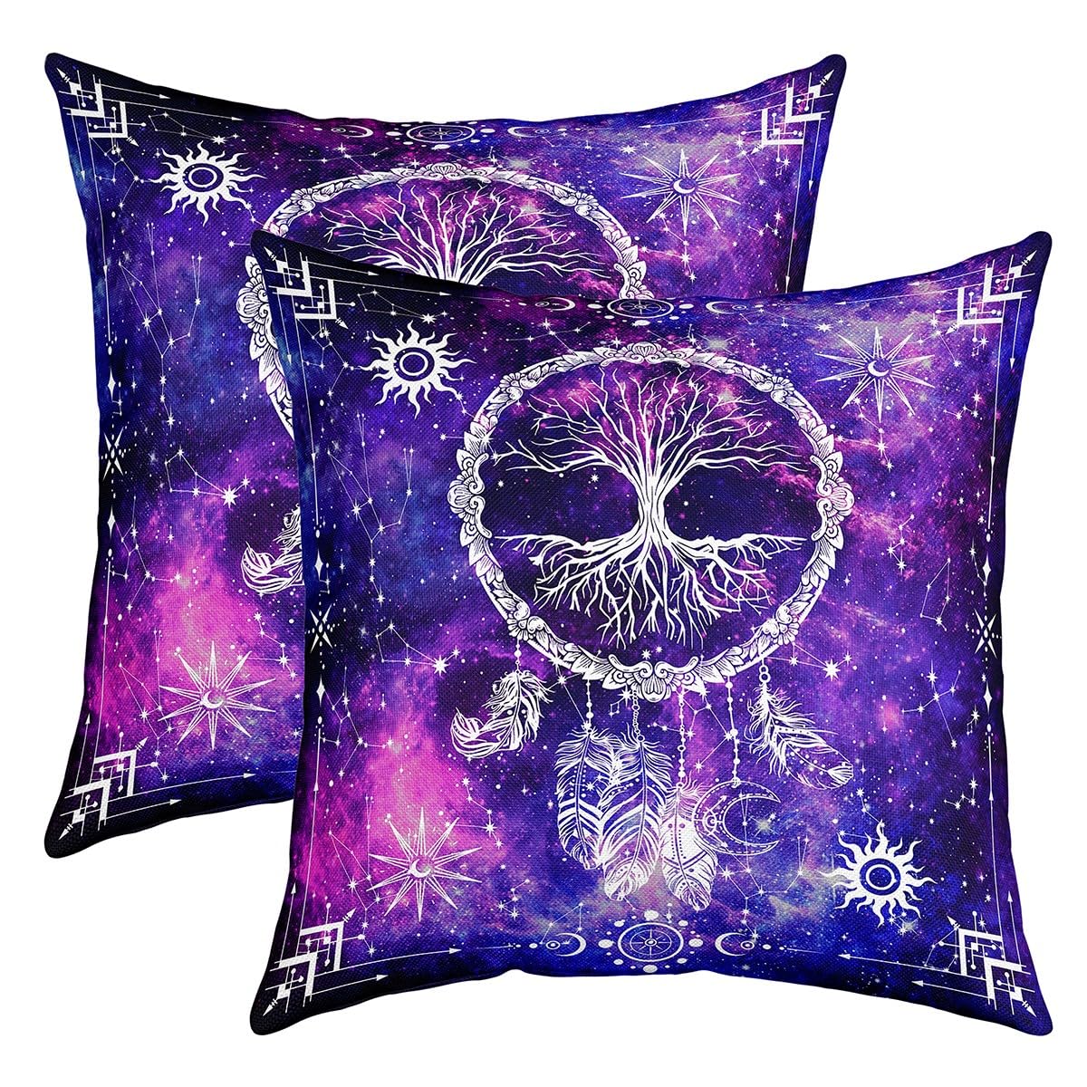 richhome Mystery Dream Catcher Pillow Cover Set of 2,Gothic Tree of Life Bohemian Sun Moon Throw Cushion Cover 22"x22",Retro Purple Starry Sky Galaxy Room Decor Cushion Case for Couch and Bed