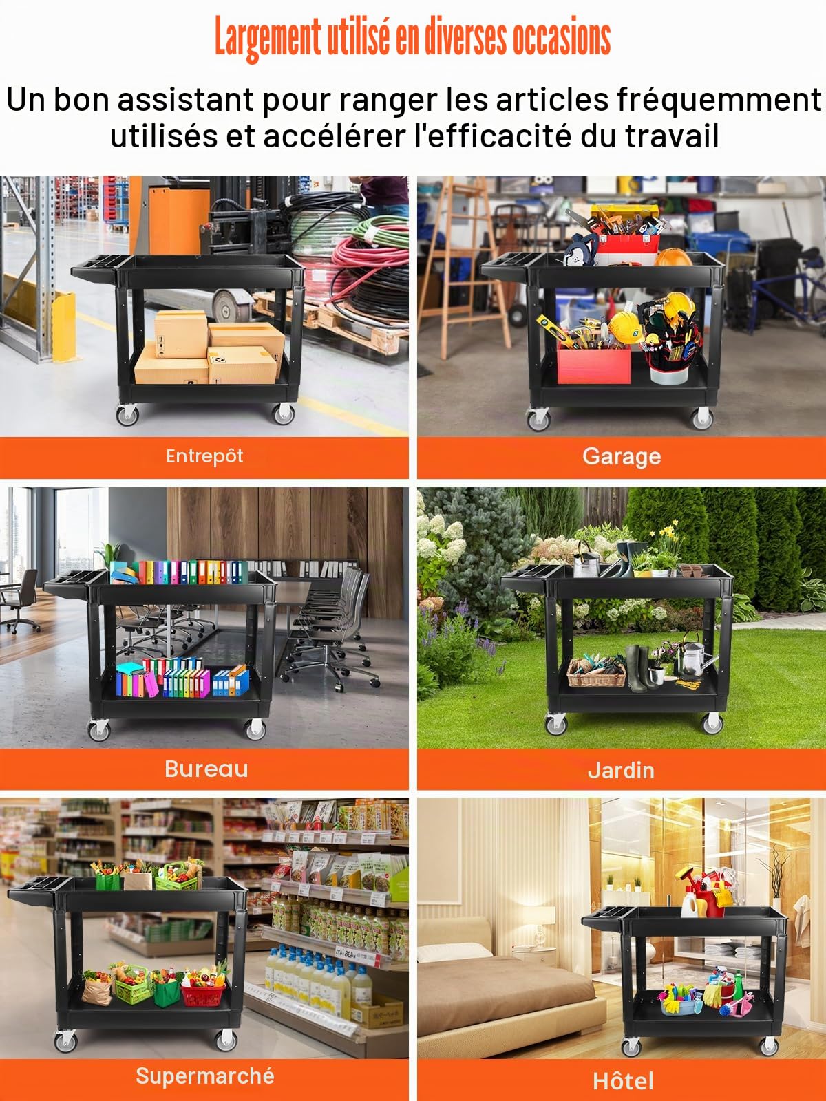 Kalolary – Chariot utilitaire robuste à roulettes à 2 niveaux, grand chariot de service multifonction avec poignée – Organiseur de rangement – Outil mobile pour entrepôt – 250 kg