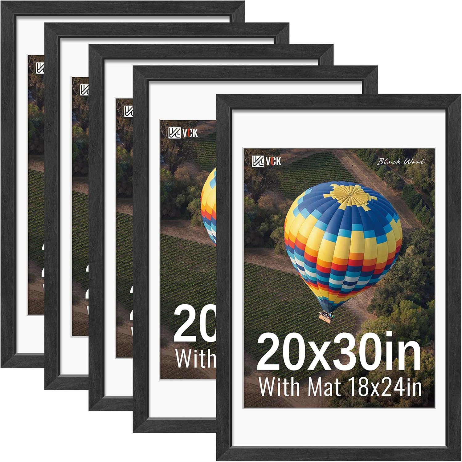 VCK 20x30 Frames Black Set of 5, Wide Border Wood, Display 18x24 Picture Photo with Mat or 20 x 30 without, for Home, Office, Gallery, Woodgrain Series, Wall Hanging