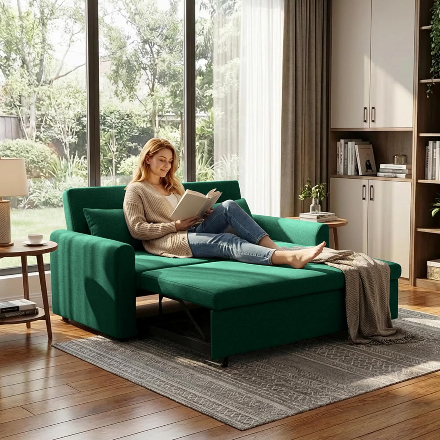 61 Inch Convertible Sofa Bed,3-in-1 Sofa Bed with Pull-Out Bed,Love seat 3 Adjustable Positions Backrest and Side Pocket,Velvet Sofa (Green, 61 Inch)