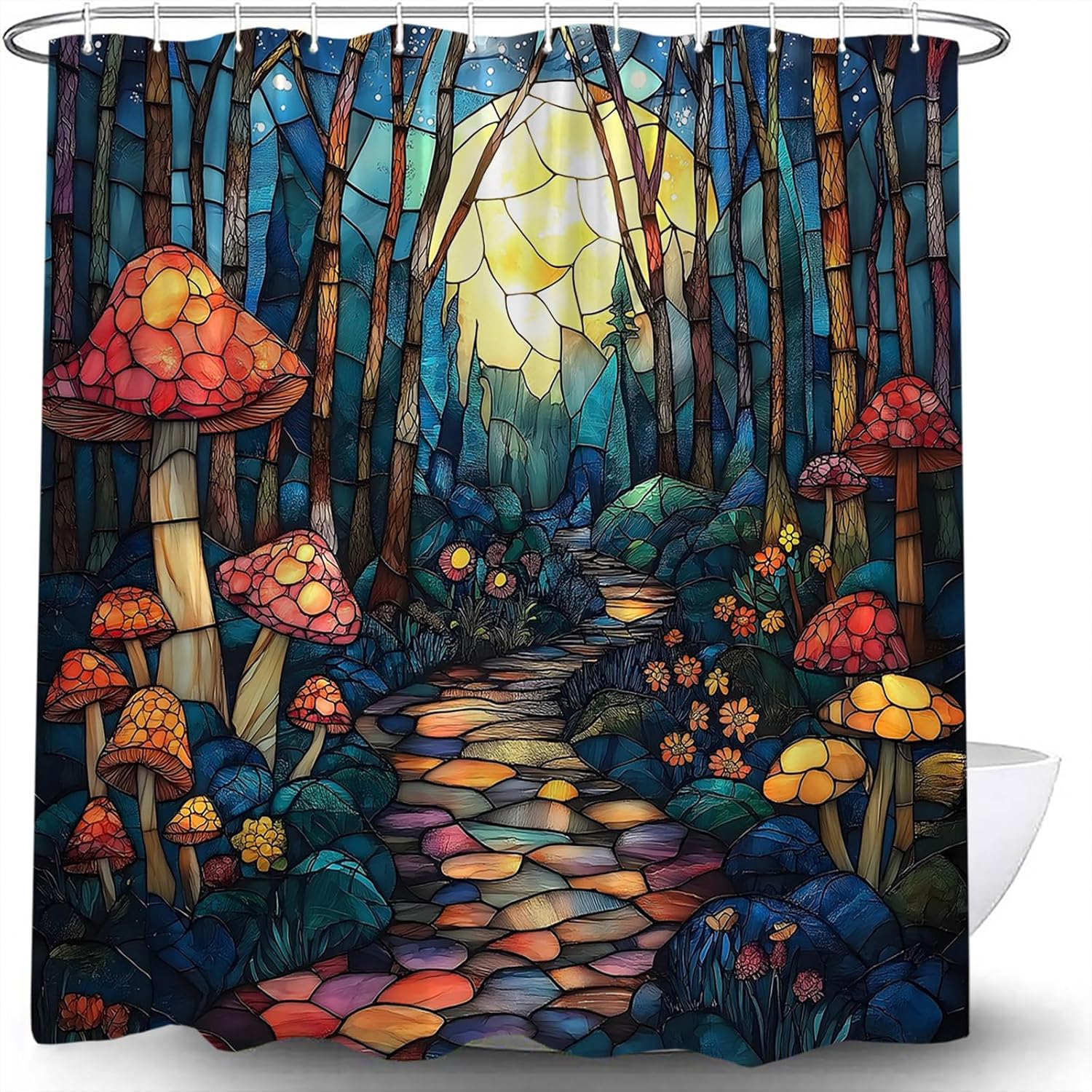 Fantasy Forest Mushroom Shower Curtain Stained Glass Fairy Garden Full Moon Wonderland Tale Tree Magical Spring Floral Nature Plant Botanical Modern Bath Curtains with Hook,70x83.8 Inch