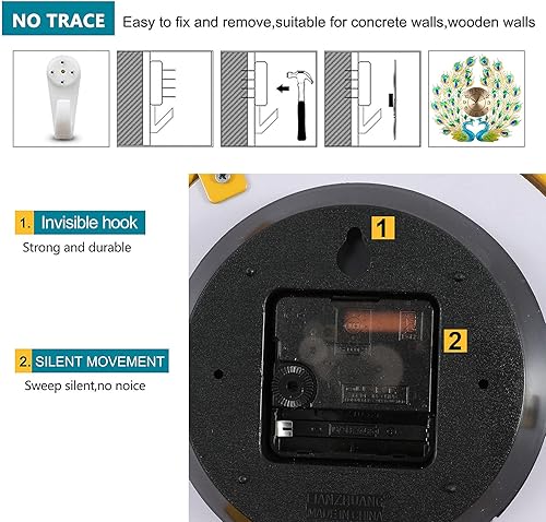 Miniatura 7 de Reloj de pared grande de pavo real silencioso sin tictac, reloj de pavo real creativo 3D de lujo de mediados de siglo, relojes de pared de pavo real