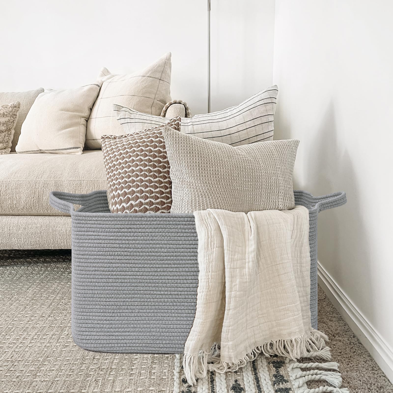 TIMEYARD Cesto portabiancheria grande, 65 l, intrecciato, grigio | Cesto moderno per biancheria e giocattoli. Organizzazione perfetta per soggiorno, bagno e cameretta dei bambini