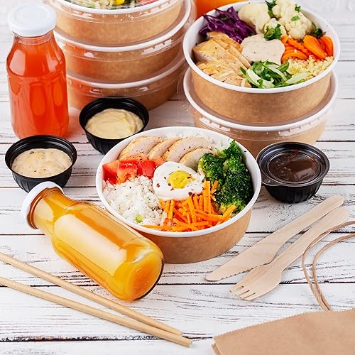 Miniatura 2 de MATICAN Cuencos de papel desechables con tapas de plástico, 50 cuencos de papel kraft a granel para alimentos fríos y calientes, 25 onzas,