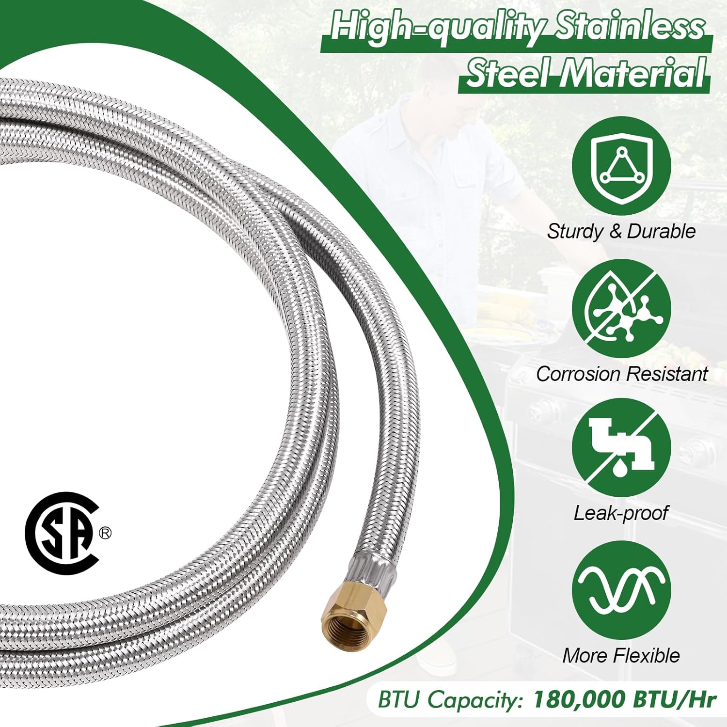 5FT 2 Stage Propane Regulator with Hose & Gauge, Stainless Steel Propane Regulator Hose for Grills, RV Appliance, Generator, Gas Stove and More, QCC1/Type1 Tank Connection, 3/8" Female Flare Nut