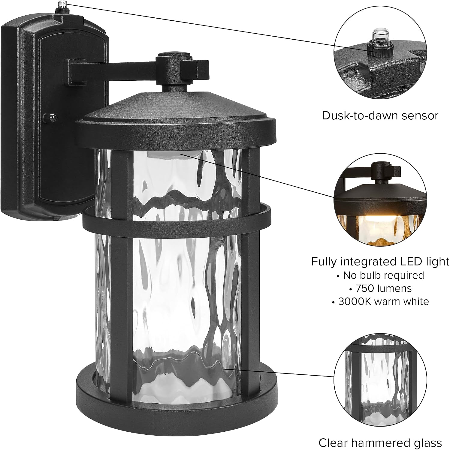 Maxxima LED Outdoor Wall Light, Black Finish, Clear Hammered Glass, 750 Lumens, 3000K Warm White, Dusk to Dawn Sensor, Farmhouse Wall Mount Sconce, Rustic Coach Lantern
