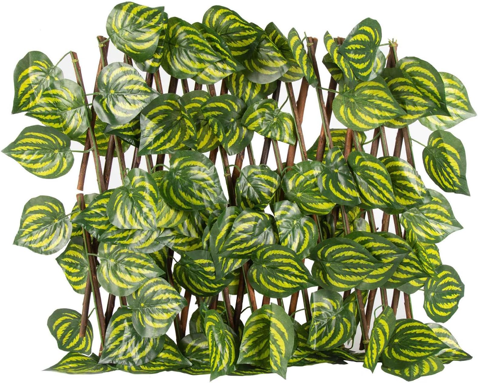 Beauenty Expandable Garden Fence, Wooden Fence with Artificial Ivy Leaf, Stretchable Faux Ivy Fencing Decoration for Balcony, Courtyard, Garden, Backyard (Style 1)