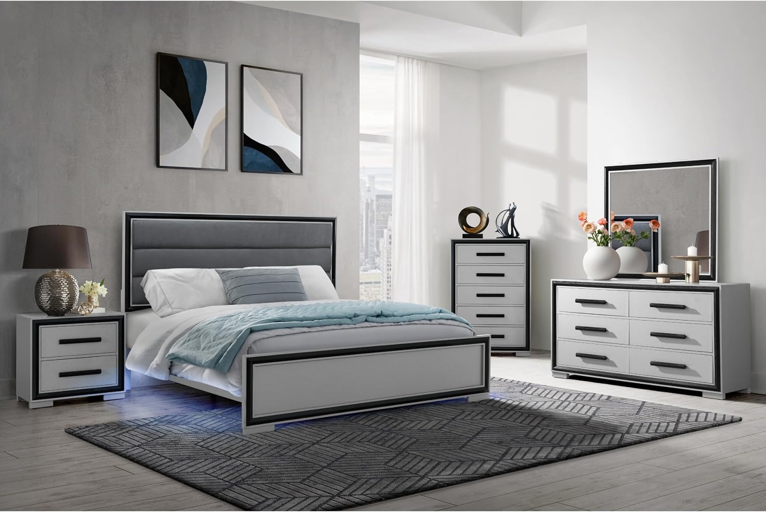Peanu 5 Piece King Bedroom Set, Modern Black Gray, LED Lighting