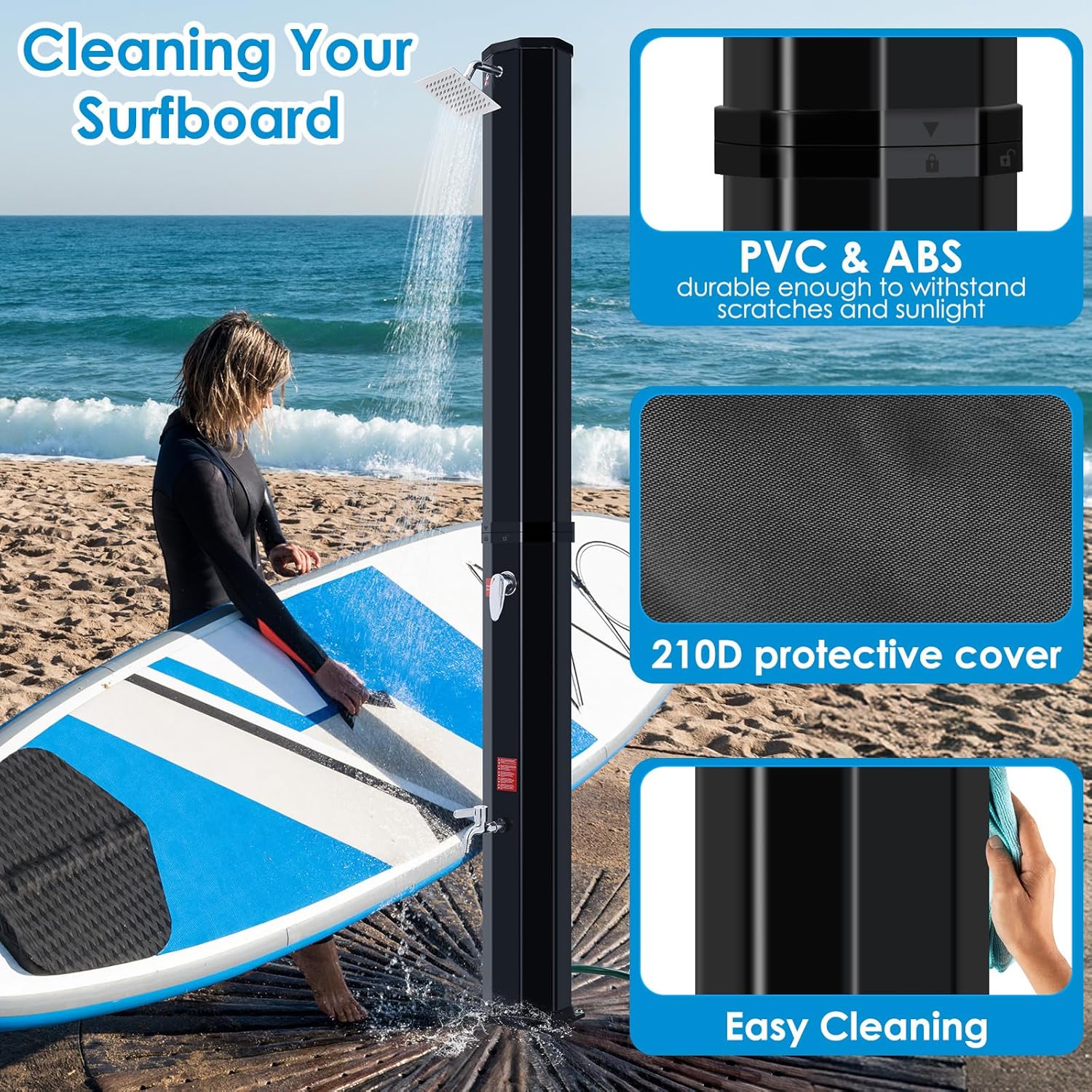 TLSUNNY 16 Gallon Solar Heated Shower W/ 360° Rotating Shower Head & Faucet, Freestanding Outdoor Shower W/ 210D Protective Cover, Water Temperature Adjustment, for Pool, Garden, Beach, Spa, Backyard