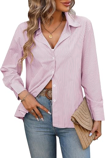 Womens Button Down Shirts Classic Striped Casual Long Sleeve Office Work Blouses