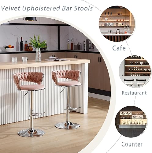 Miniatura 23 de Juego de 2 taburetes de bar de terciopelo giratorios con base de metal dorado, taburetes de bar modernos de altura de mostrador para cocina, pub,