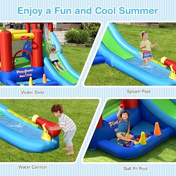 COSTWAY Inflatable Bouncy Castle, Giant Kids Bounce House with Water Slide, Climbing Wall, Ball Pit, Water Cannon, Ball Pit, Splash Pool, Blow up Water Park Inflatables for Outdoor Indoor Play
