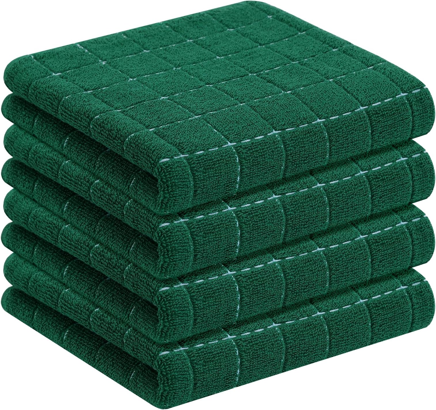 Homaxy 100% Cotton Terry Kitchen Towels(Dark Green, 13 x 28 inches), Checkered Designed, Soft and Super Absorbent Dish Towels, 4 Pack