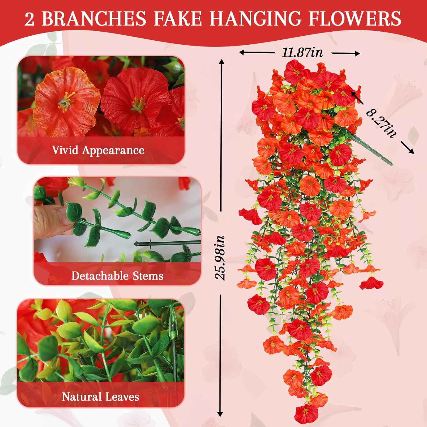 Artificial Fake Fall Hanging Flowers for Outdoors, 2 PCS Faux Silk Morning Glory Trailing Vines UV Resistant No Fade Hanging Plants for Autumn Home Balcony Yard Box Pot Planter Decor (Orange Red) - Image 2