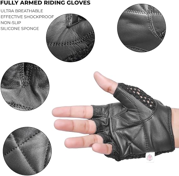 Leather Padded Crochet Back Breathable Fingerless Weight Lifting, Cycling Workout Gloves, Black (Medium)