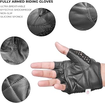 Leather Padded Crochet Back Breathable Fingerless Weight Lifting, Cycling Workout Gloves, Black (Medium)