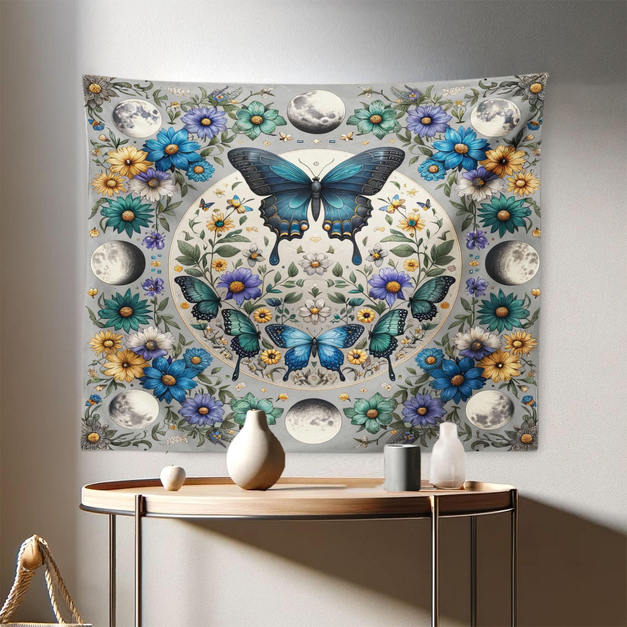 Ambesonne Boho Tapestry, Wreath of Colorful Flowers with Moon and Butterfly Pattern Witchy Scenery, Fabric Wall Hanging Decor for Bedroom Living Room