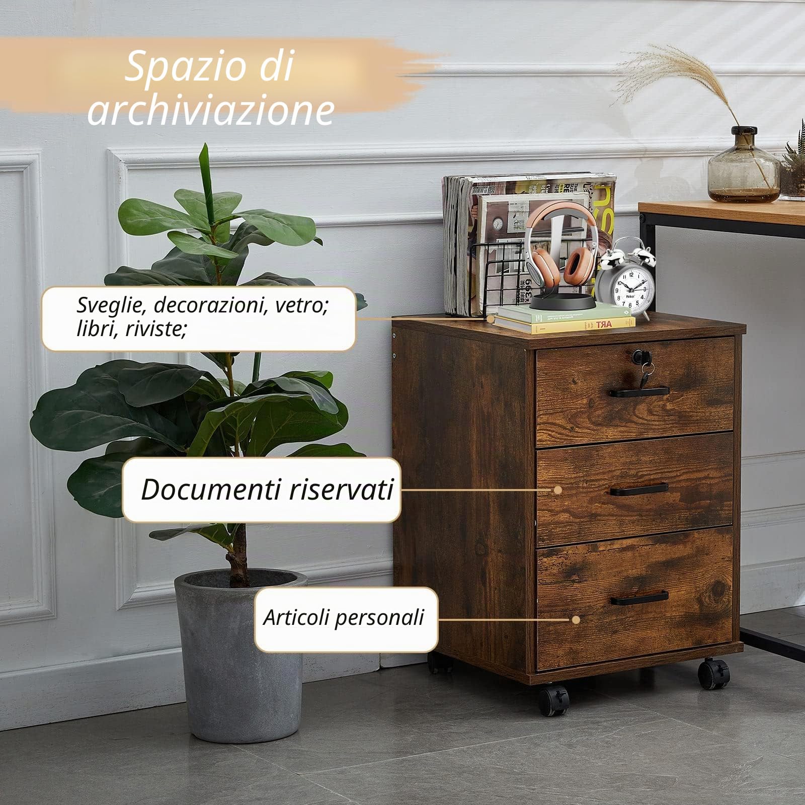 LEMROE Mobile da ufficio Armadietti Con serratura e ruote, marrone | adatto per l'utilizzo in ufficio, 3 cassetti sotto la scrivania e per l'archiviazione di documenti.di legno