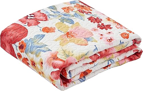Miniatura 4 de All American Collection Juego de colcha reversible de 3 piezas con estampado floral, color rojo y beige, juego de colcha y fundas de almohada,