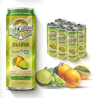 High Ground Elixir Mushroom Seltzer – Yuzu Lime | Lion’s Mane for Focus, Reishi for Stress, Cordyceps, Chaga, Turkey Tail, L-Theanine | Adaptogen Drink | Low Cal, No Added Sugar, 12oz Cans, 6 Pack
