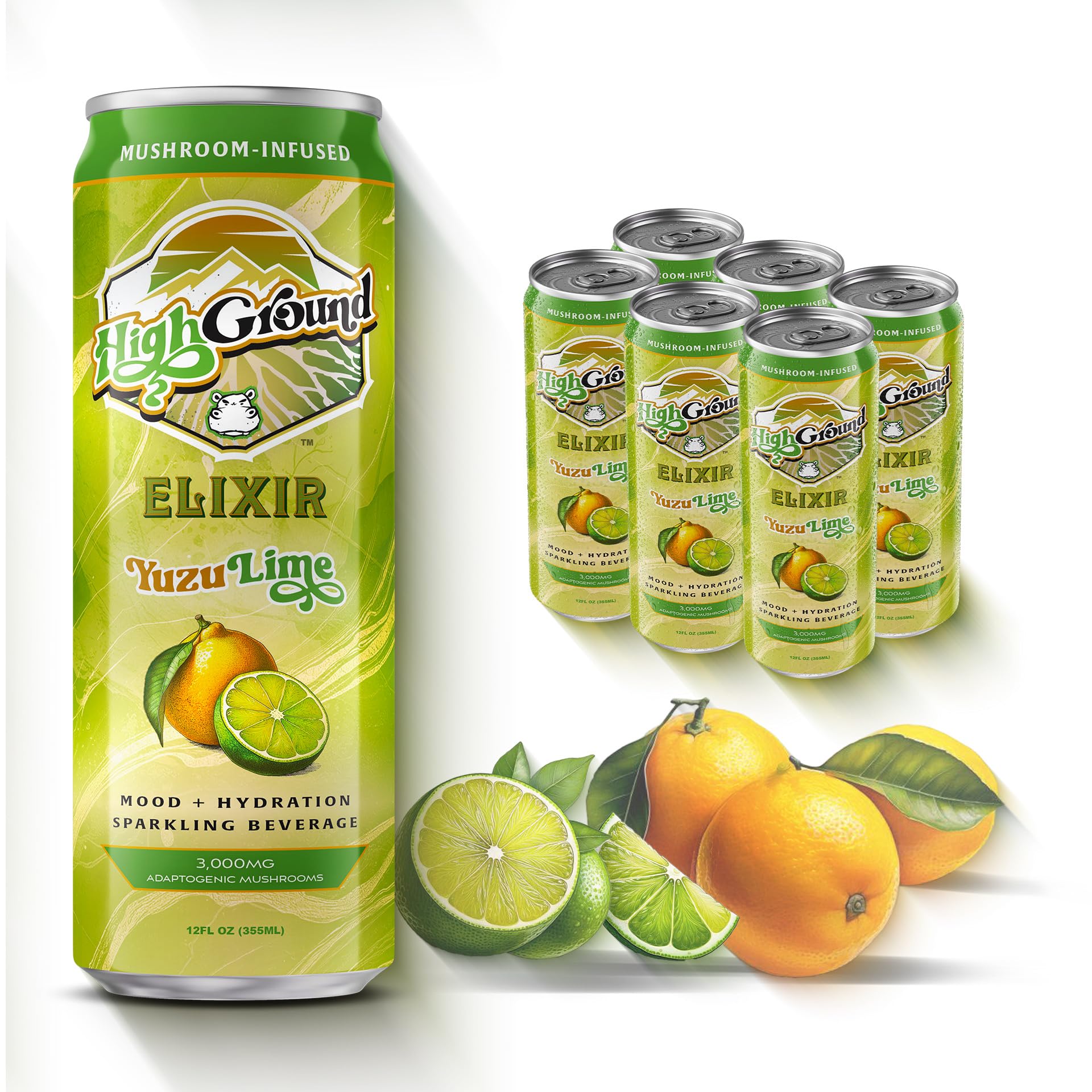 High Ground Elixir Mushroom Seltzer – Yuzu Lime | Lion’s Mane for Focus, Reishi for Stress, Cordyceps, Chaga, Turkey Tail, L-Theanine | Adaptogen