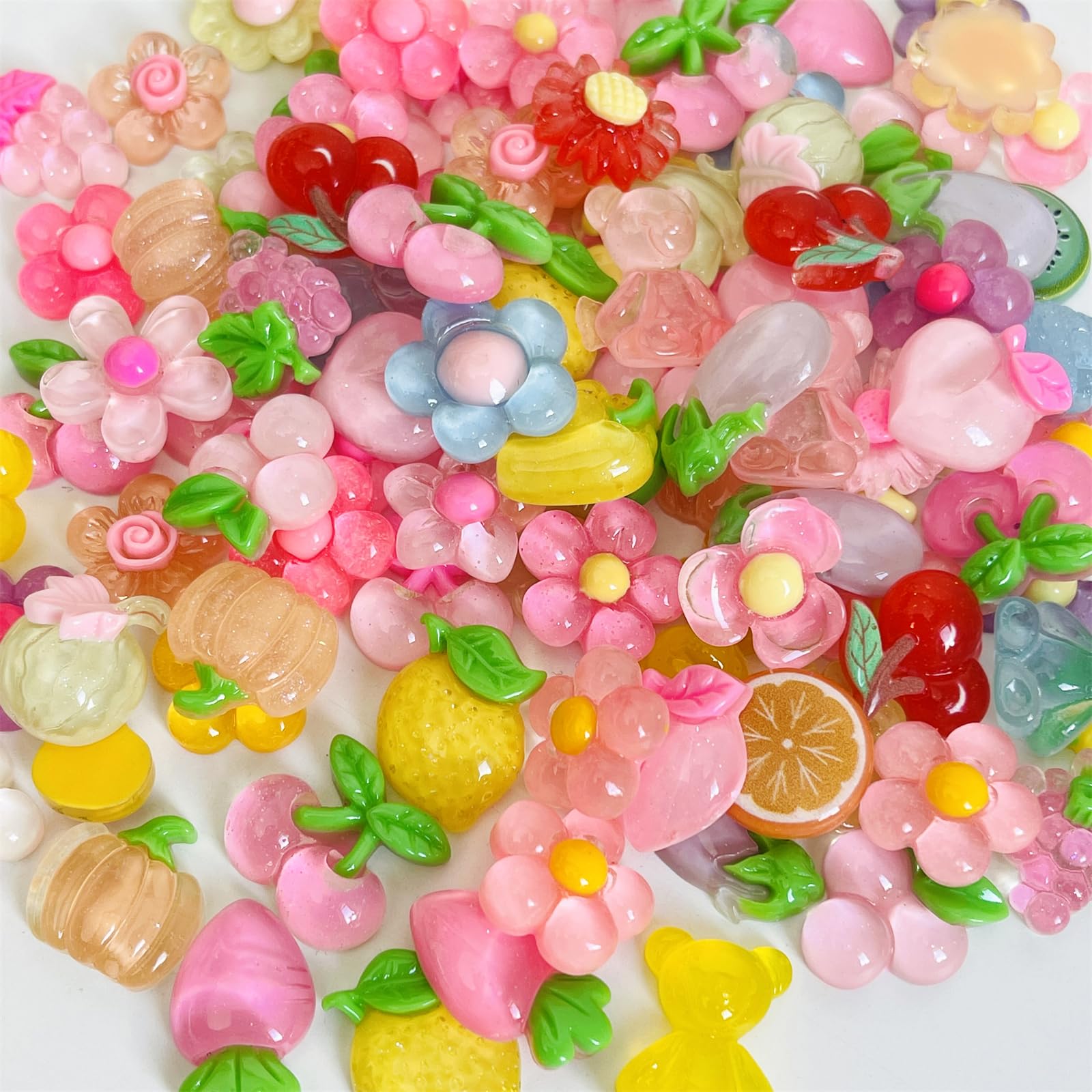 QTMY 100 Pcs Lots Mix Assort Clear Slime Charms Flower and Fruit Cute Resin Flatback Sets for DIY Crafts Making,Decorations,Scrapbooking,