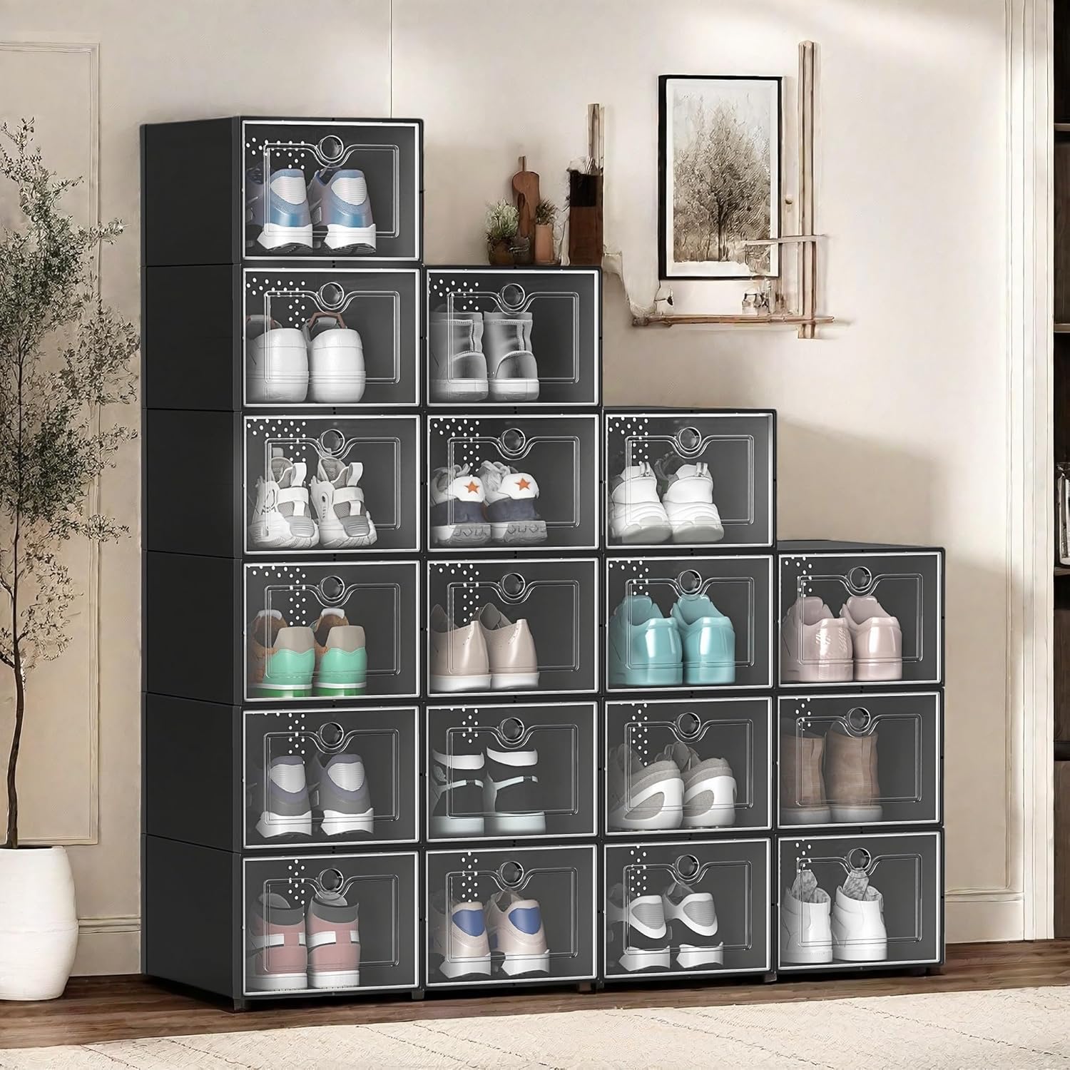 DWVO XX-Large 18 Pack Shoe Storage Organizer, Fit up to US Size 15, Clear Plastic Stackable Shoe Box for Closet, Folding Shoe Rack Sneaker Containers (Black, XX-Large)